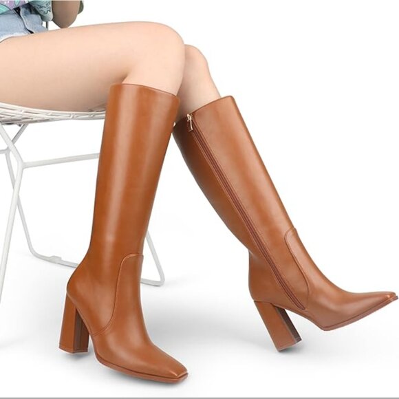 Zzheels Women's 10.5 Light Brown Boots Square Toe Chunky Side Zipper Heeled Long - Picture 2 of 11